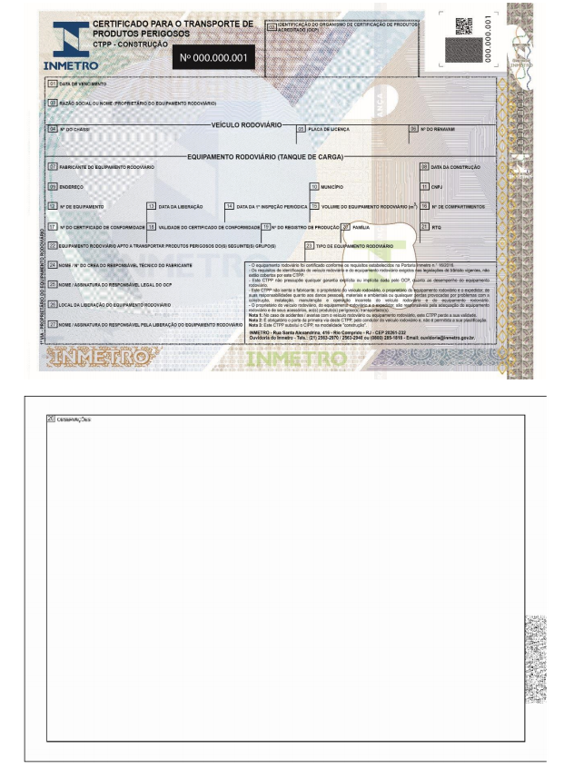 Demonstra-se na imagem o layout do CTPP (Certificado para Transporte de Produtos Perigosos), e o campo de observações do documento, localizado no anexo F da Portaria Inmetro nº 38/2018.