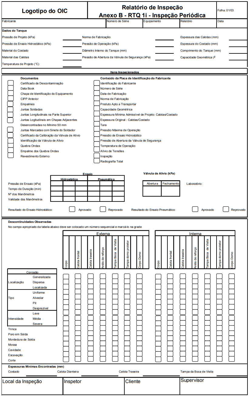 Relatório de Inspeção
Anexo B - RTQ 1i - Inspeção  Periódica