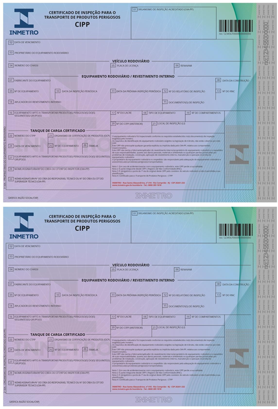 É demonstrado na imagem, o certificado de Inspeção para o transporte de produtos perigosos (CIPP), presente no anexo A da Portaria Inmetro nº 397/2019.